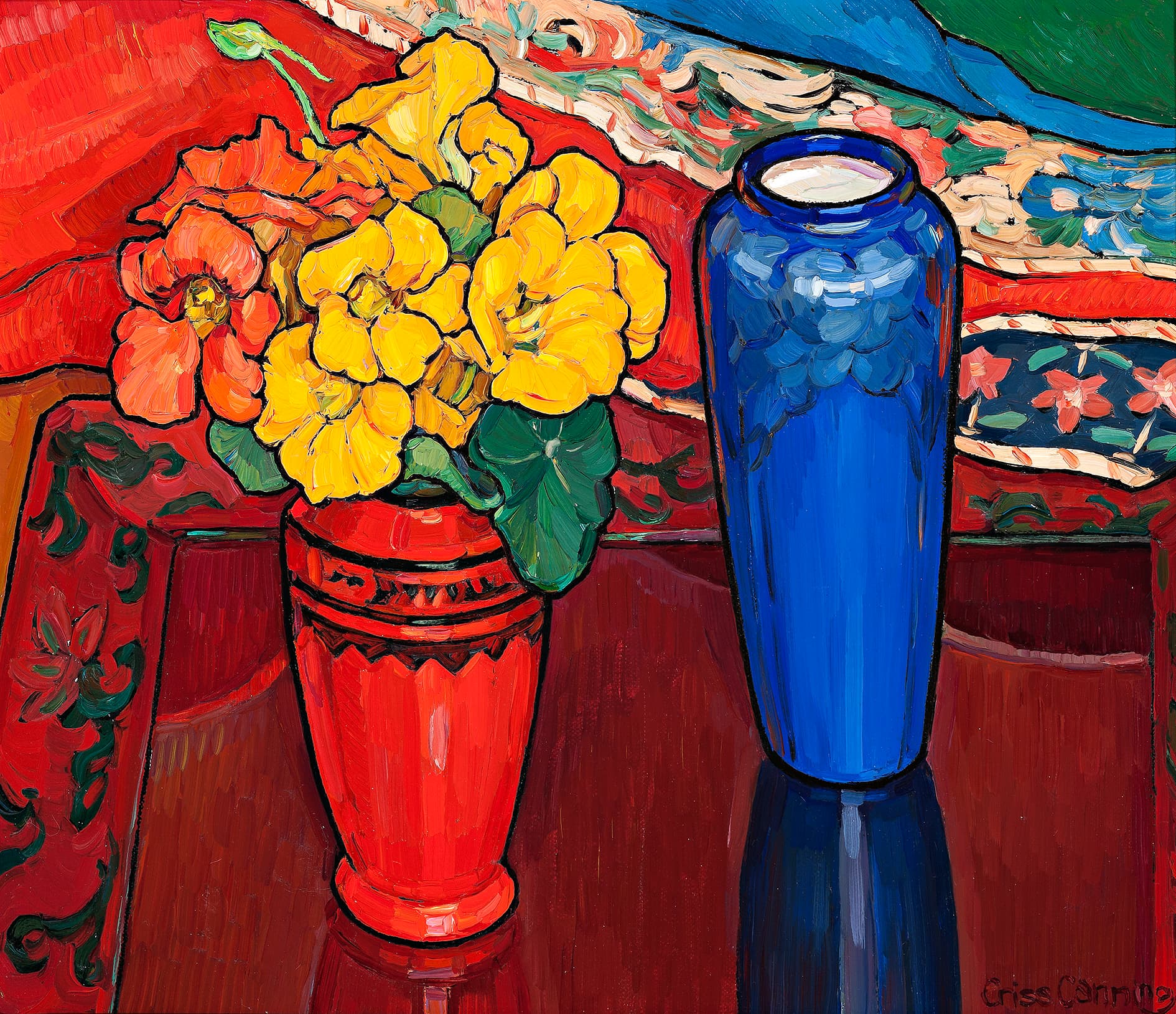 NASTURTIUMS, IRIS AND BLUE VASE