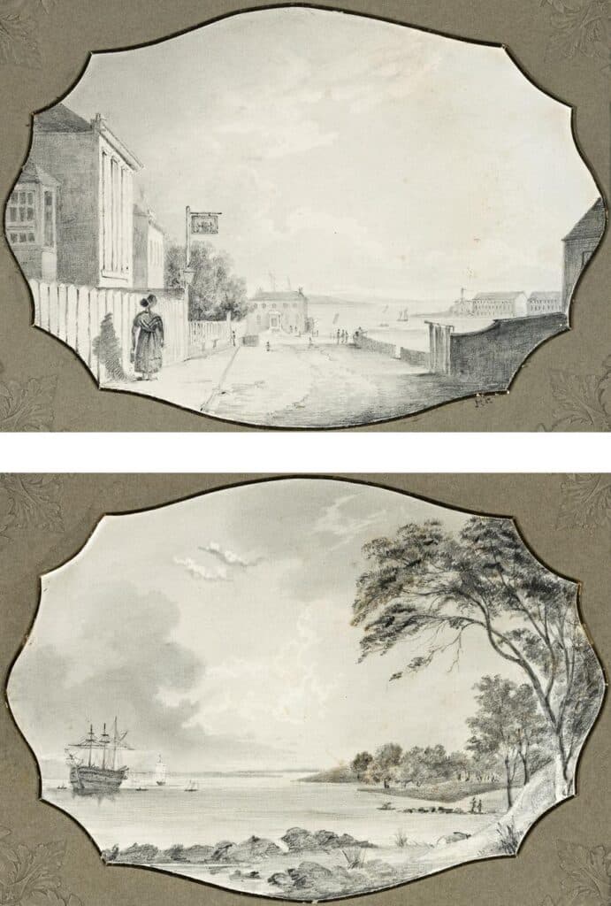 (i) HOBART TOWN, CAMPBELL STREET, VIEW OF THEATRE, TREASURY, POST OFFICER’S RESIDENCE AND HARBOUR, 1838 (ii) VIEW OF RIVER FROM GOVERNMENT PADDOCK, HOBART TOWN