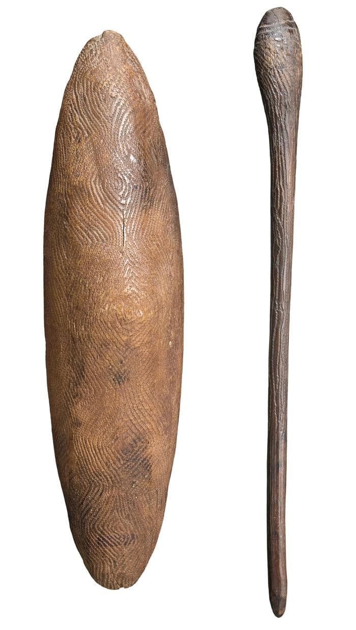 A SHIELD AND BULBOUS-HEADED CLUB