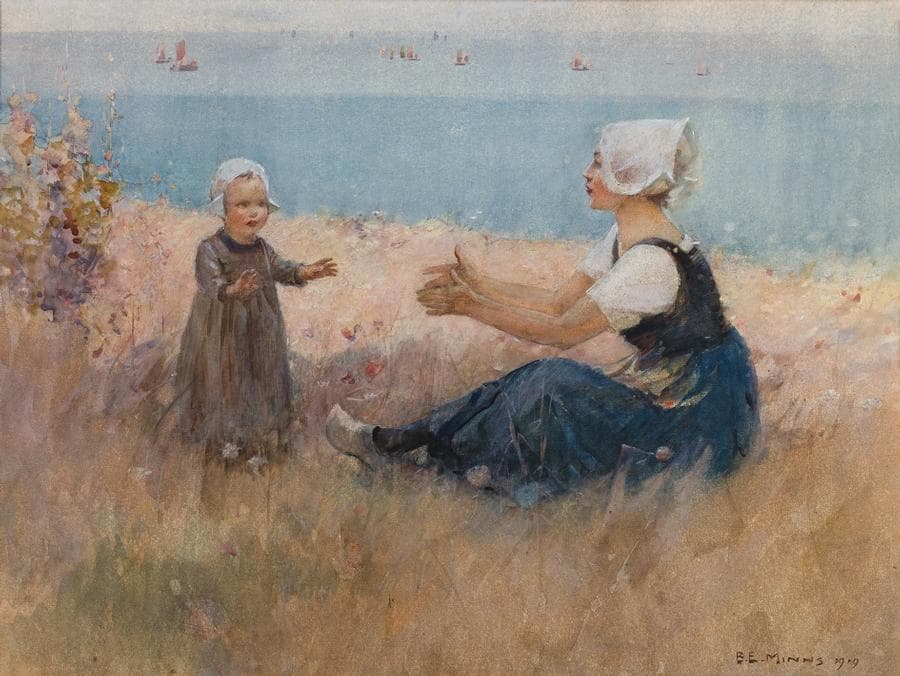 BRETON MOTHER AND CHILD BY THE SHORE
