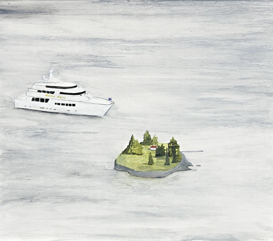 GREG NORMAN’S AUSSIE RULES SAILS INTO SYDNEY HARBOUR PAST SHARK ISLAND, ROSE BAY, FEBRUARY