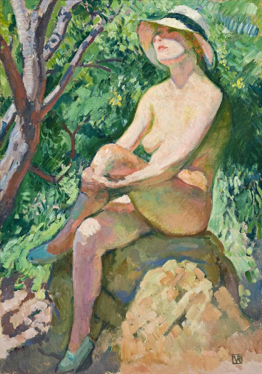 NUDE WITH CROSSED LEGS IN A PANAMA HAT