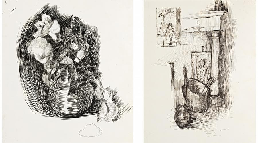 A PAIR OF EARLY INK DRAWINGS (i) BOWL OF ROSES c.1883 (ii) FIREPLACE CORNER WITH INSET OF FIGURE COMPOSITION c.1887-88