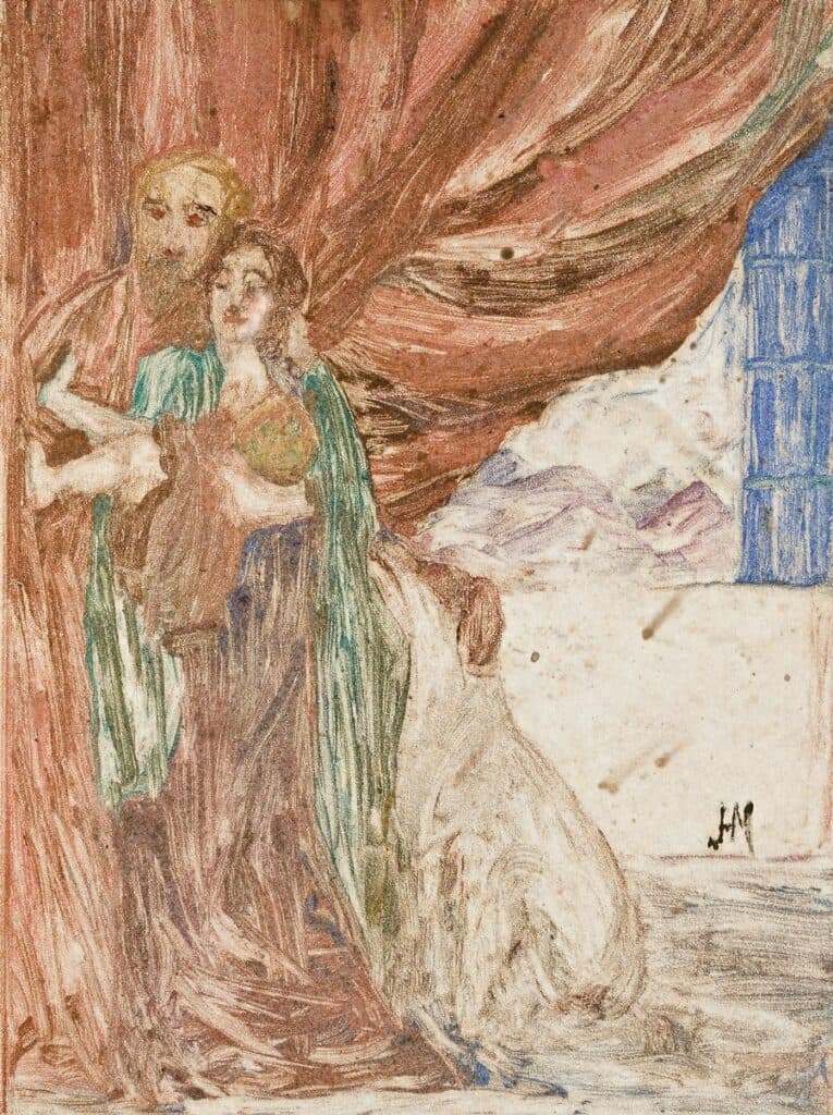 MAN, WOMAN AND CHILD IN PERIOD COSTUME WITH DOG