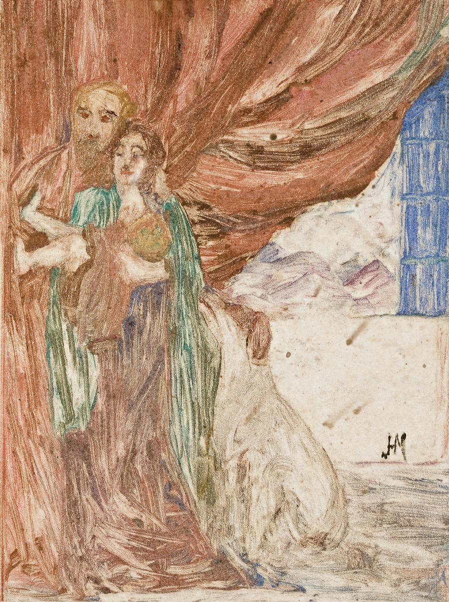 MAN, WOMAN AND CHILD IN PERIOD COSTUME WITH DOG