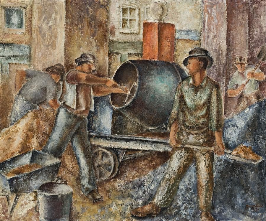 MEN MIXING CONCRETE
