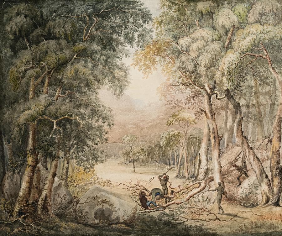 (AUSTRALIAN NATIVES ATTACKING EXPLORERS DURING FLINDERS’ CIRCUMNAVIGATION OF AUSTRALIA), c.1808-9
