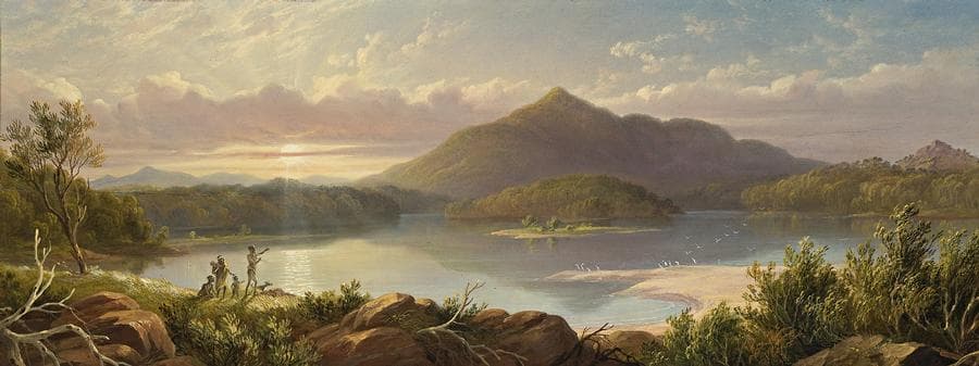 ABORIGINES OVERLOOKING LAKE TILBA AND MT DROMEDARY, NSW