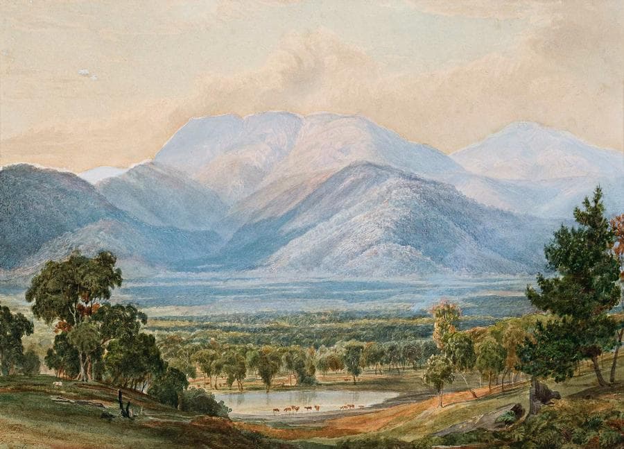 VICTORIAN LANDSCAPE WITH MOUNTAINS AND LAKE