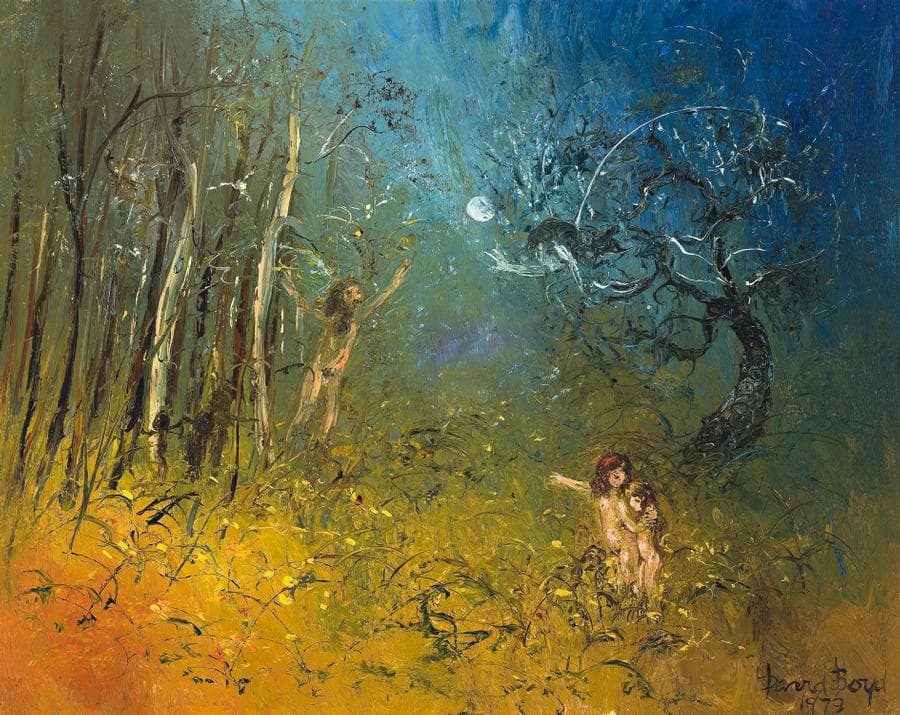 FOREST SCENE WITH FIGURES AND MOON