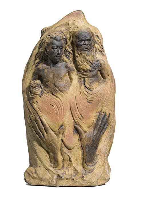 A PEDESTAL STONE OF WILLIAM RICKETTS, ABORIGINAL ELDER AND FAMILY GROUP