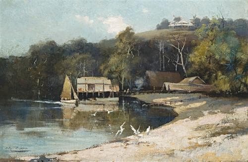 COVE SCENE WITH BOAT HOUSES