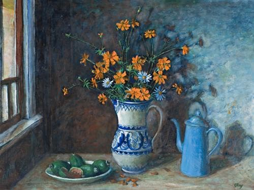 STILL LIFE WITH FLOWERS IN A BLUE AND WHITE JUG