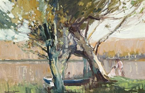 BOAT AND BATHERS AT NARRABEEN VERSO: RIVER LANDSCAPE