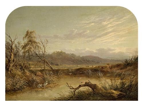 SWAMPY LANDSCAPE WITH BIRDS AND CATTLE