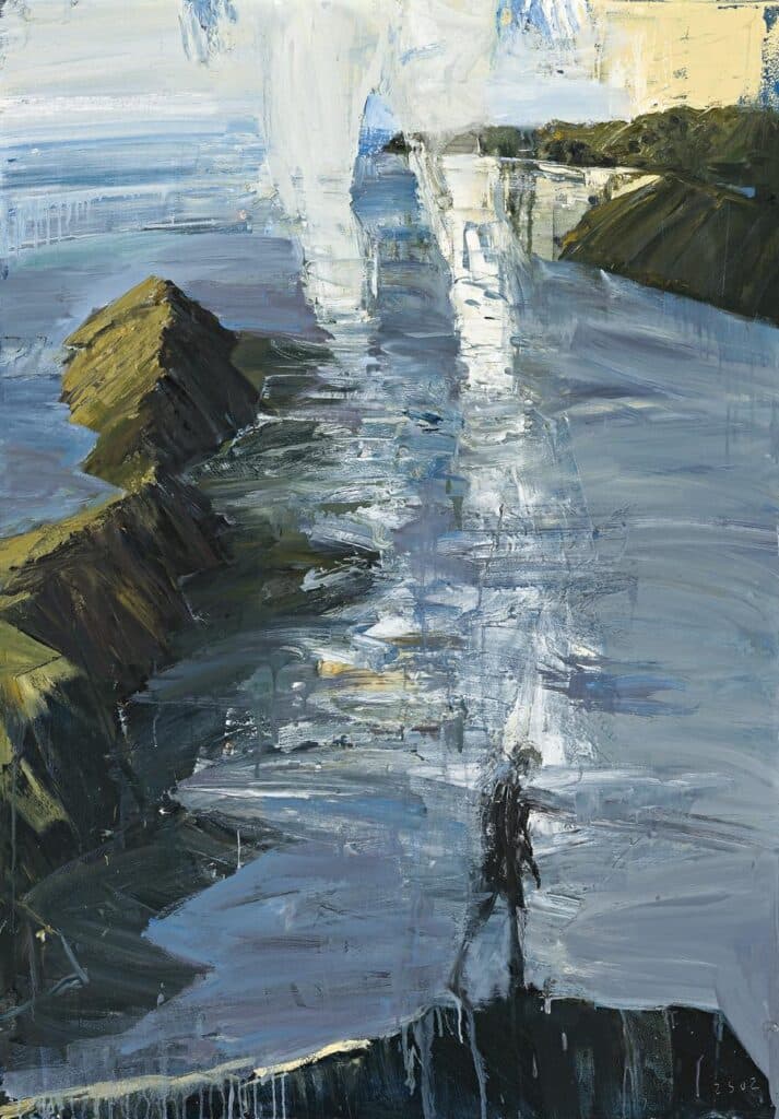 FIGURE IN SEA ABOVE FIGURE ON HILL
