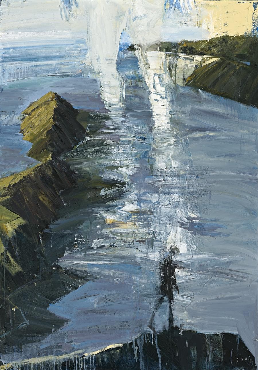 FIGURE IN SEA ABOVE FIGURE ON HILL