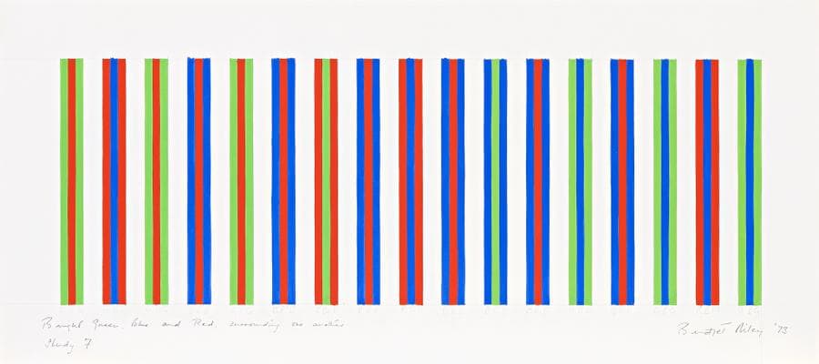 BRIGHT GREEN, BLUE AND RED, SURROUNDING ONE ANOTHER, STUDY 7