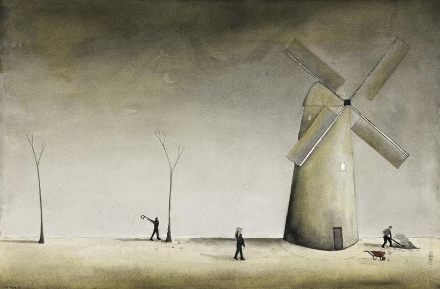 THREE BROTHERS WORKING OUTSIDE THEIR MILL HOUSE HOME