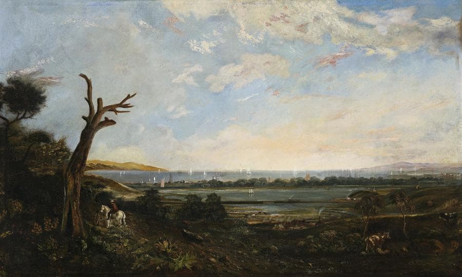 PORT PHILLIP BAY, FROM THE SOUTH WEST CORNER OF ROYAL PARK ACROSS BATMAN’S SWAMP (WEST MELBOURNE SWAMP) TO PORT MELBOURNE WITH WILLIAMSTOWN TRAIN CROSSING