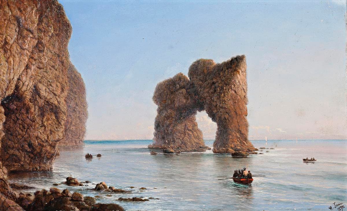 COASTAL SCENE WITH CLIFFS, ROWBOATS AND ARCHED ROCK