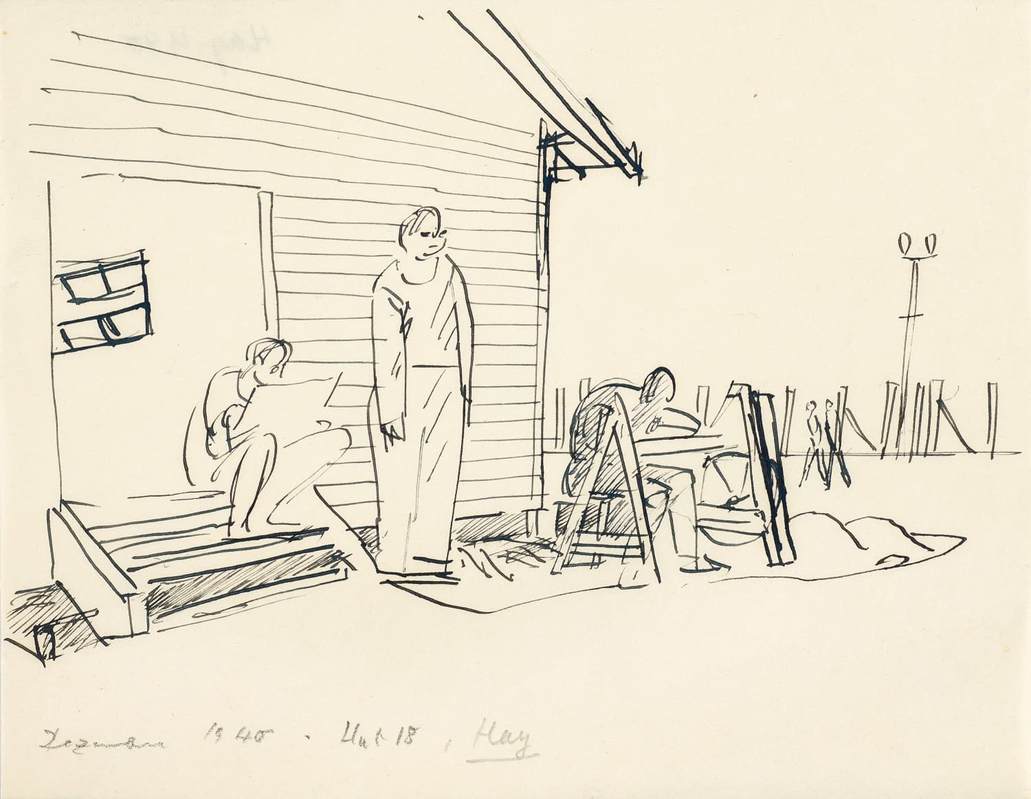 FIGURES OUTSIDE HUT 18, HAY