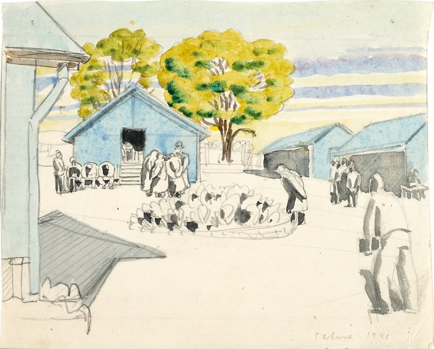 STUDY FOR INTERNMENT CAMP, TATURA (VERSO: PREPARATORY SKETCH FOR THE WOODCUT ‘INTERNMENT CAMP, TATURA’)