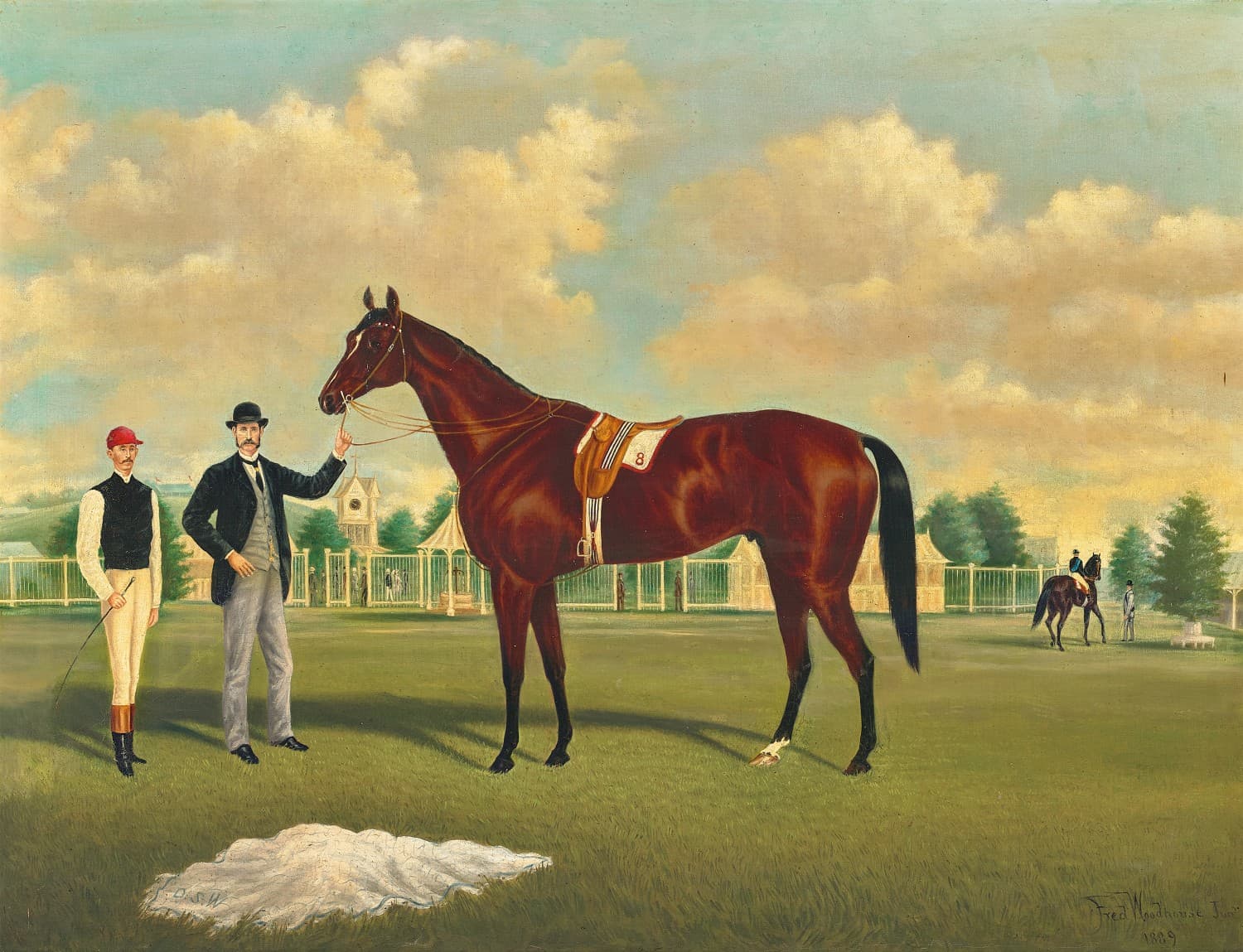 MENTOR, WINNER OF 1888 MELBOURNE CUP, WITH TRAINER WALTER S. HICKENBOTHAM AND JOCKEY MICK O’BRIEN, AT FLEMINGTON