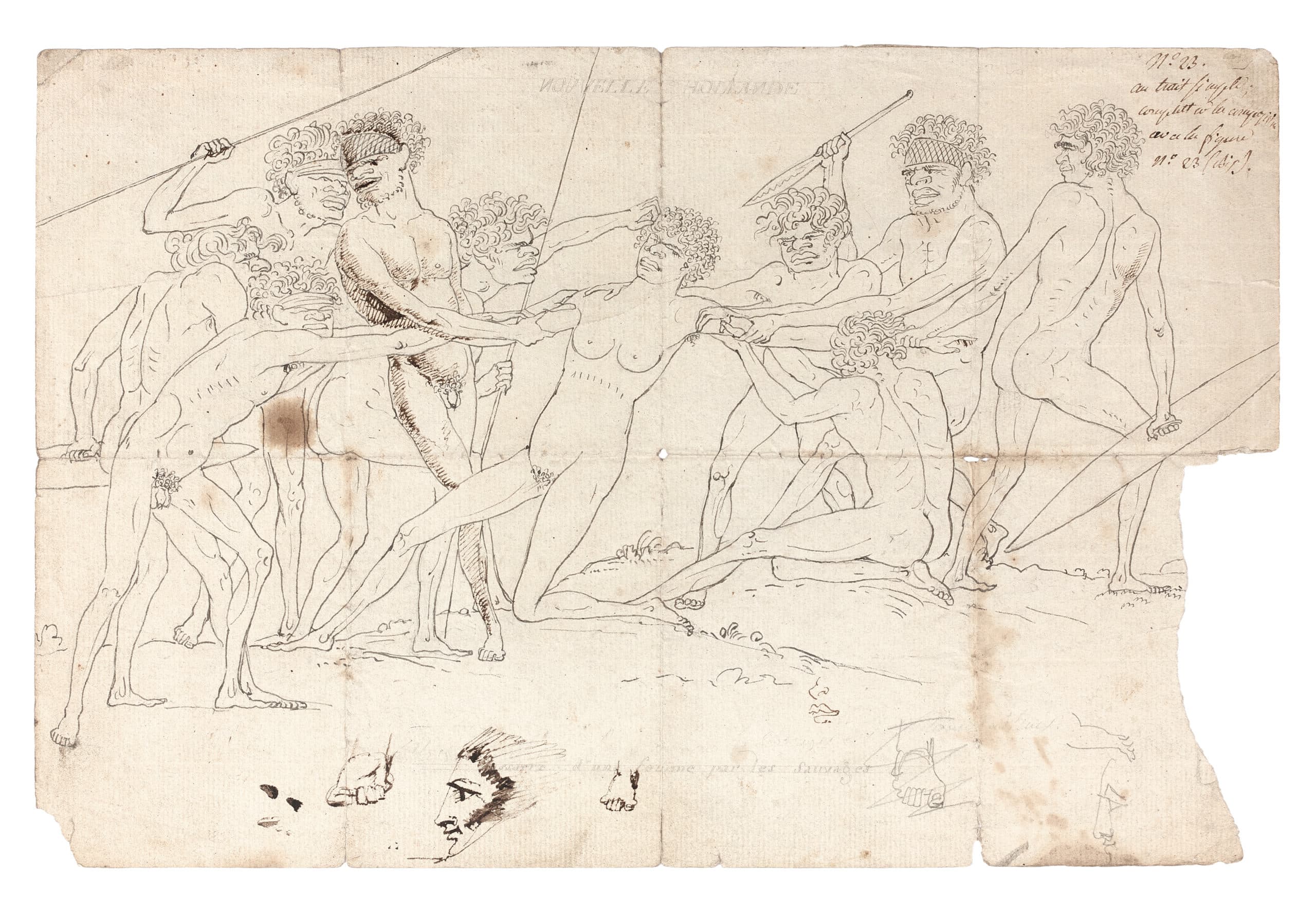 RECTO: NOUVELLE HOLLANDE … MASSACRE D’UNE FEMME PAR LES SAUVAGES (ABORIGINAL WOMAN BEING COMPETED FOR BY TWO RIVAL GROUPS OF ABORIGINAL MEN, WITH FIVE FIGURES ON THE LEFT AND FOUR ON THE RIGHT)