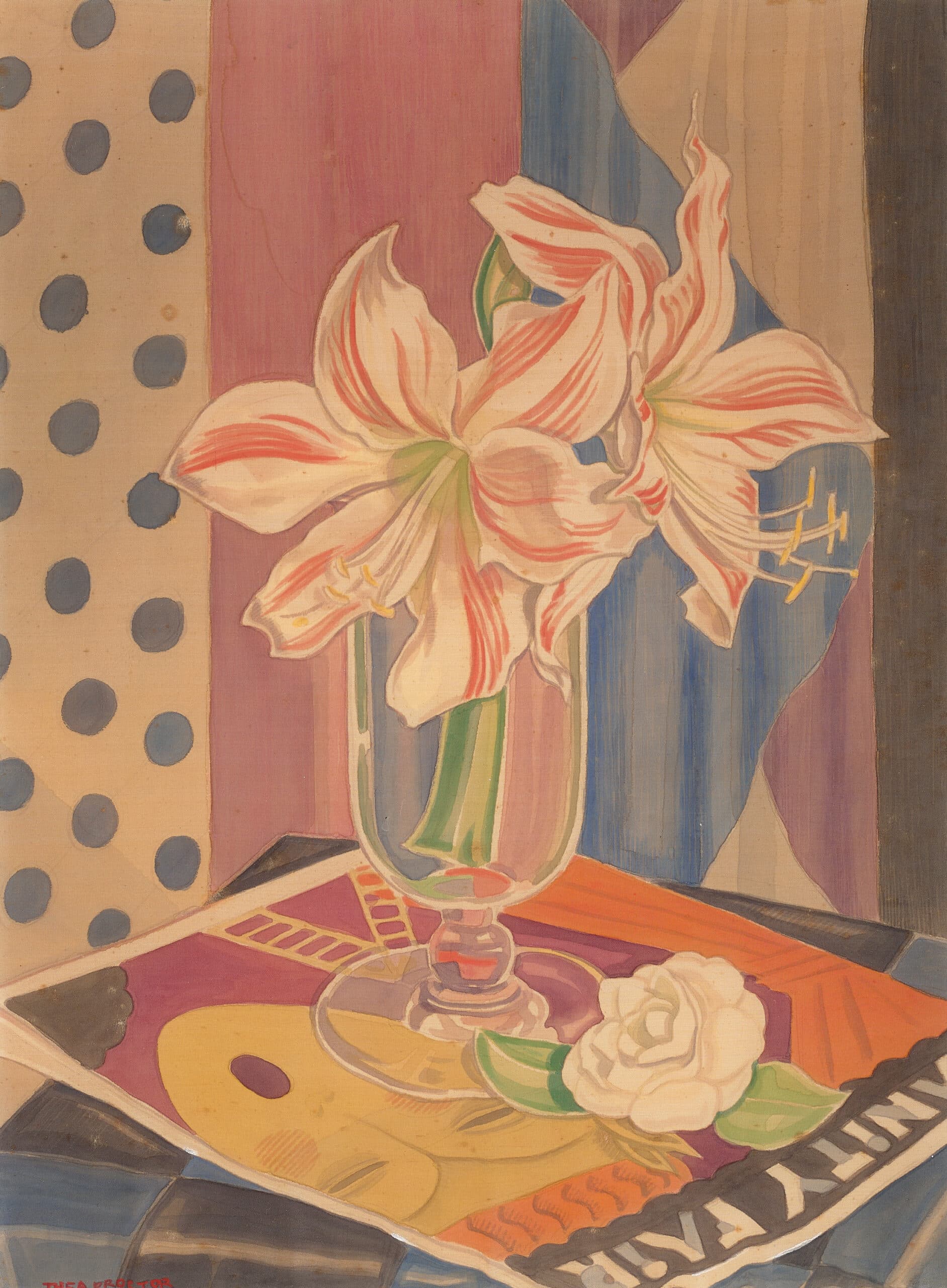 Hippeastrum Lilies in a vase, with Vanity Fair Magazine