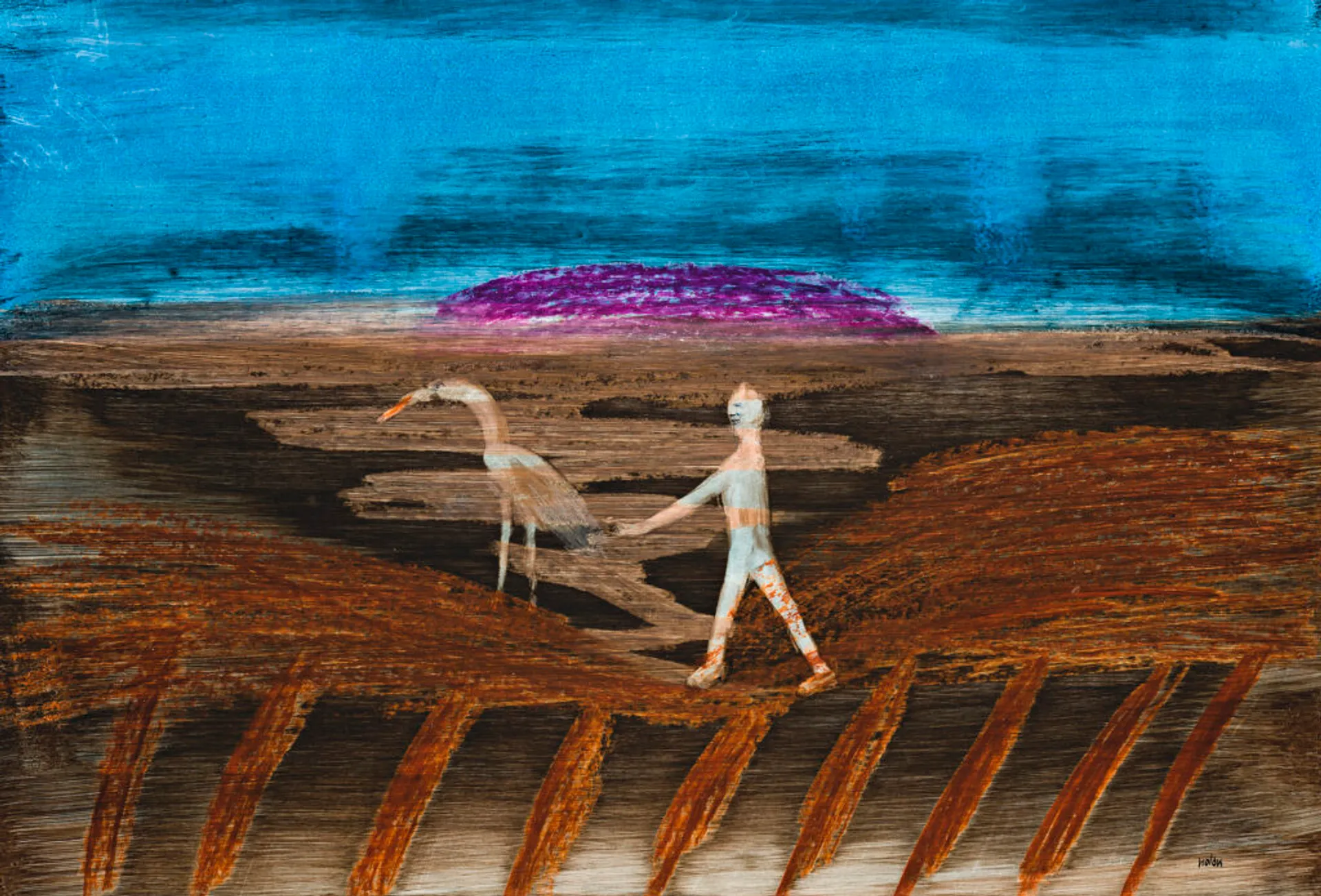 FIGURE AND BIRD IN LANDSCAPE