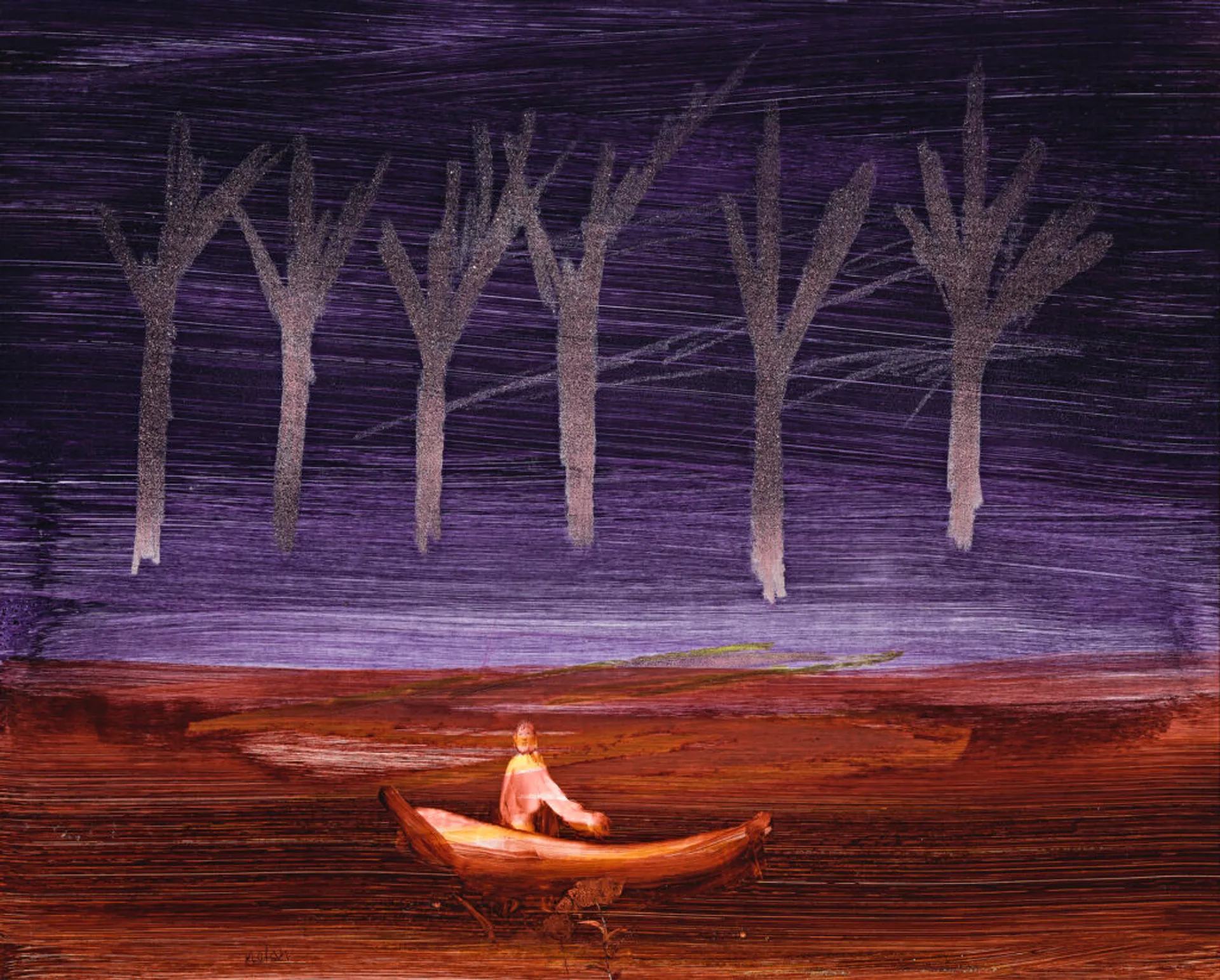 MAN IN BOAT WITH NOCTURNAL SKY