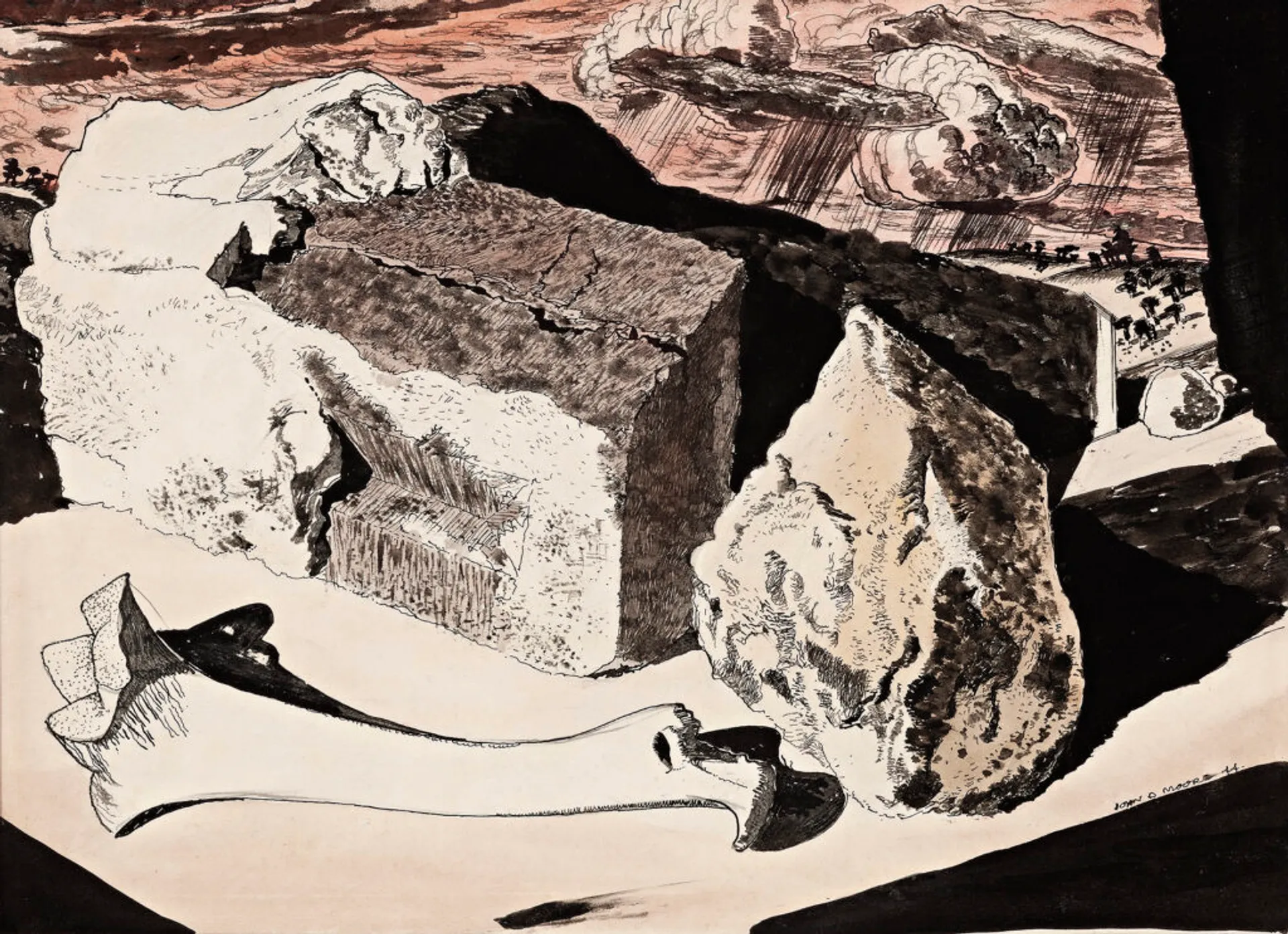 SURREALIST LANDSCAPE WITH STONES AND BONE
