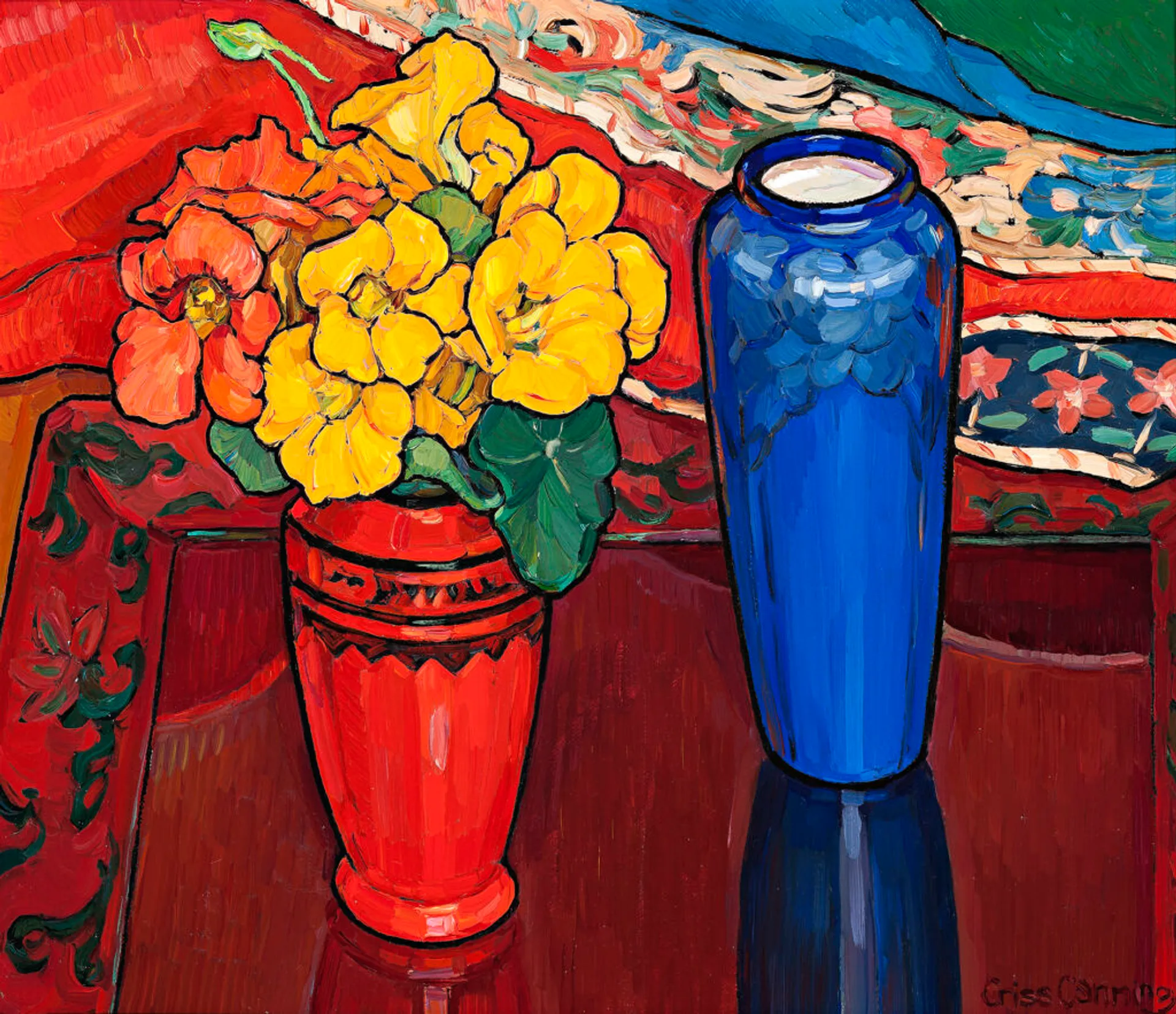 NASTURTIUMS, IRIS AND BLUE VASE