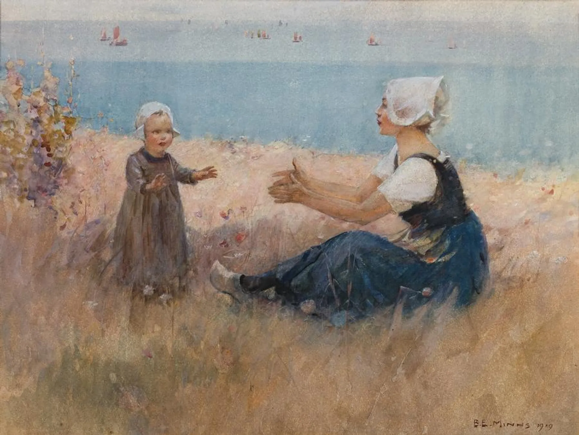 BRETON MOTHER AND CHILD BY THE SHORE