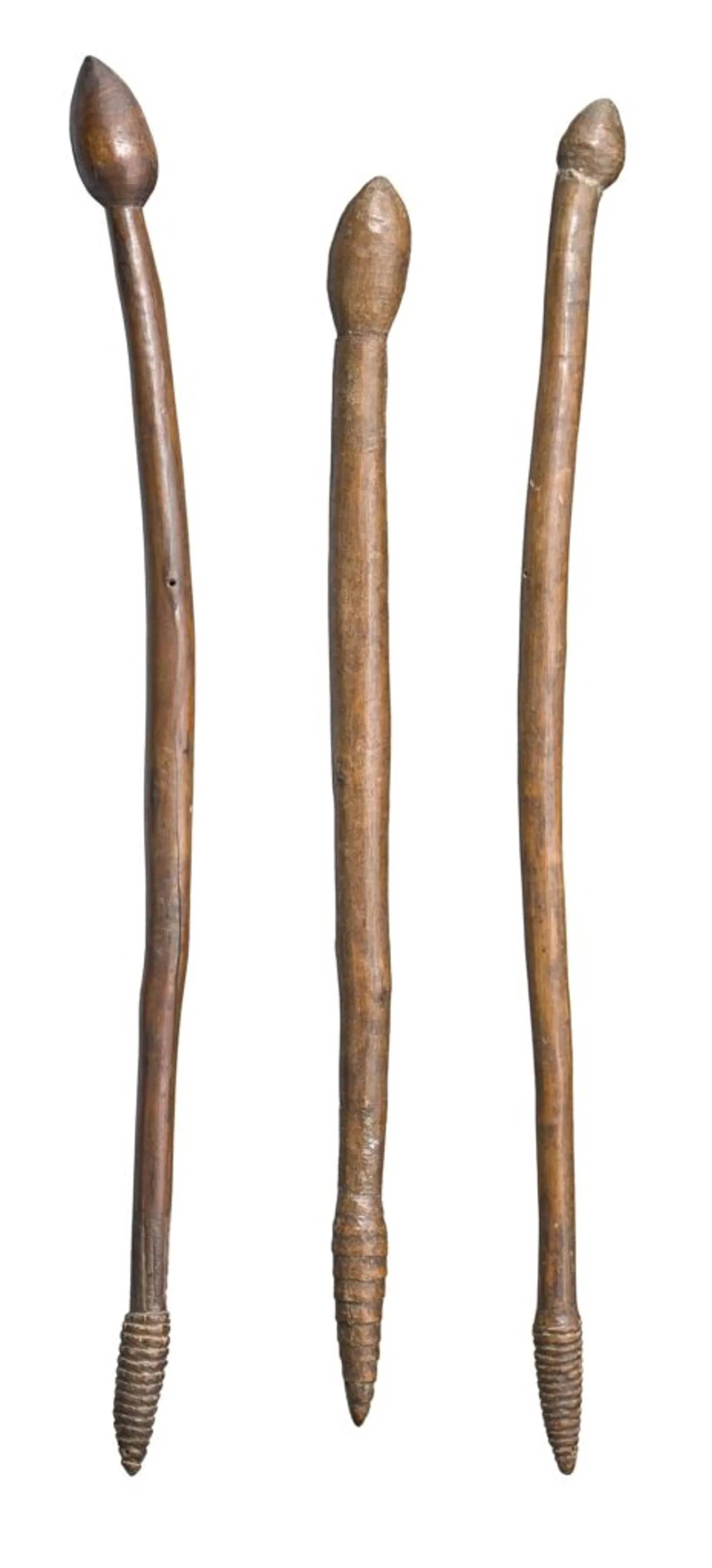 THREE BULBOUS-HEADED THROWING CLUBS