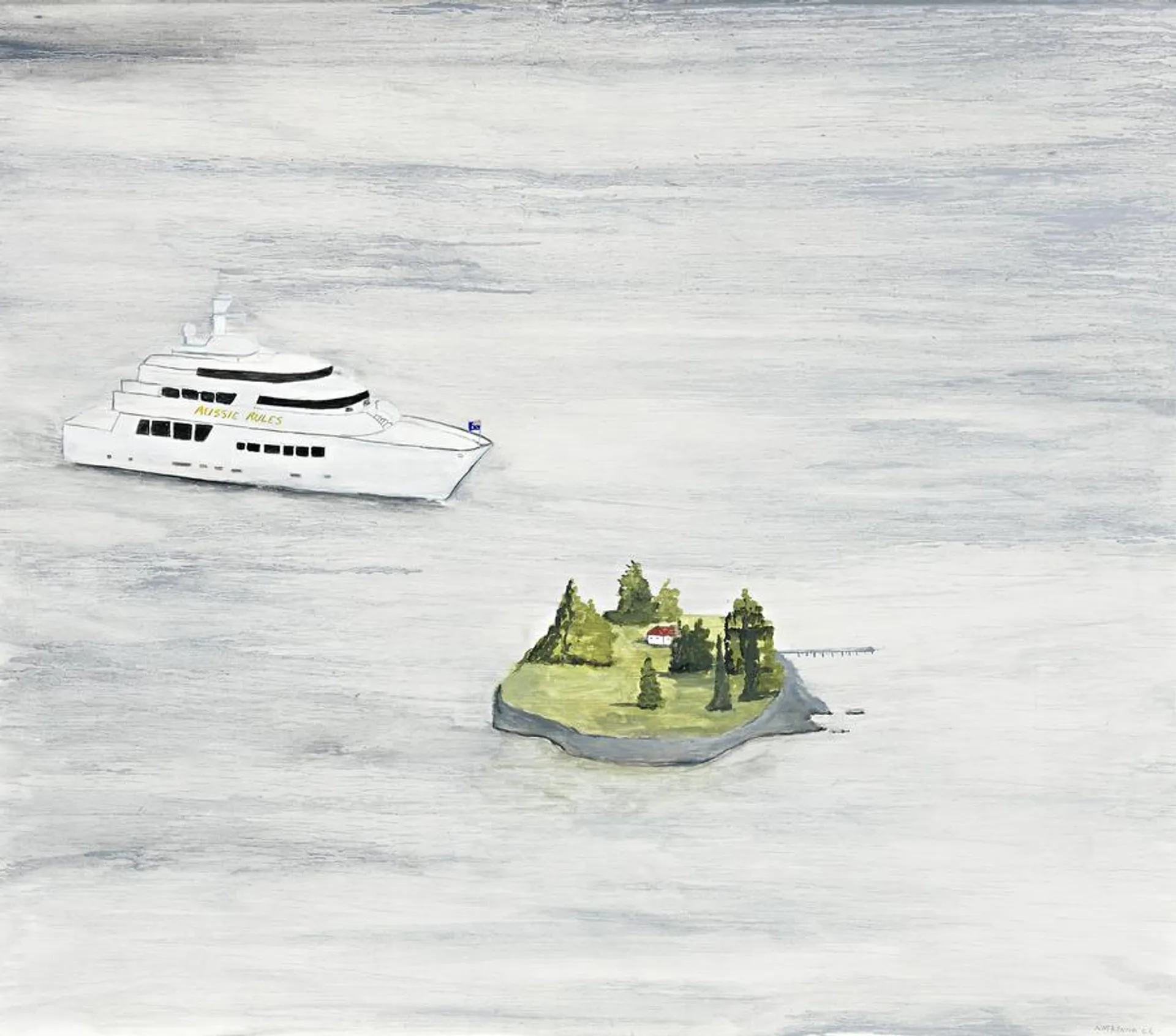 GREG NORMAN’S AUSSIE RULES SAILS INTO SYDNEY HARBOUR PAST SHARK ISLAND, ROSE BAY, FEBRUARY