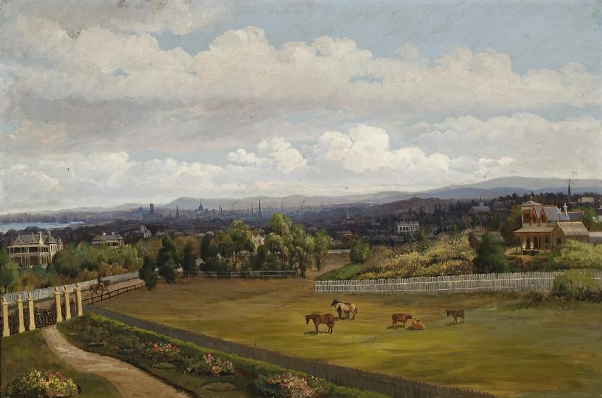 EARLY VIEW OF PRAHRAN WITH CITY OF MELBOURNE IN THE DISTANCE
