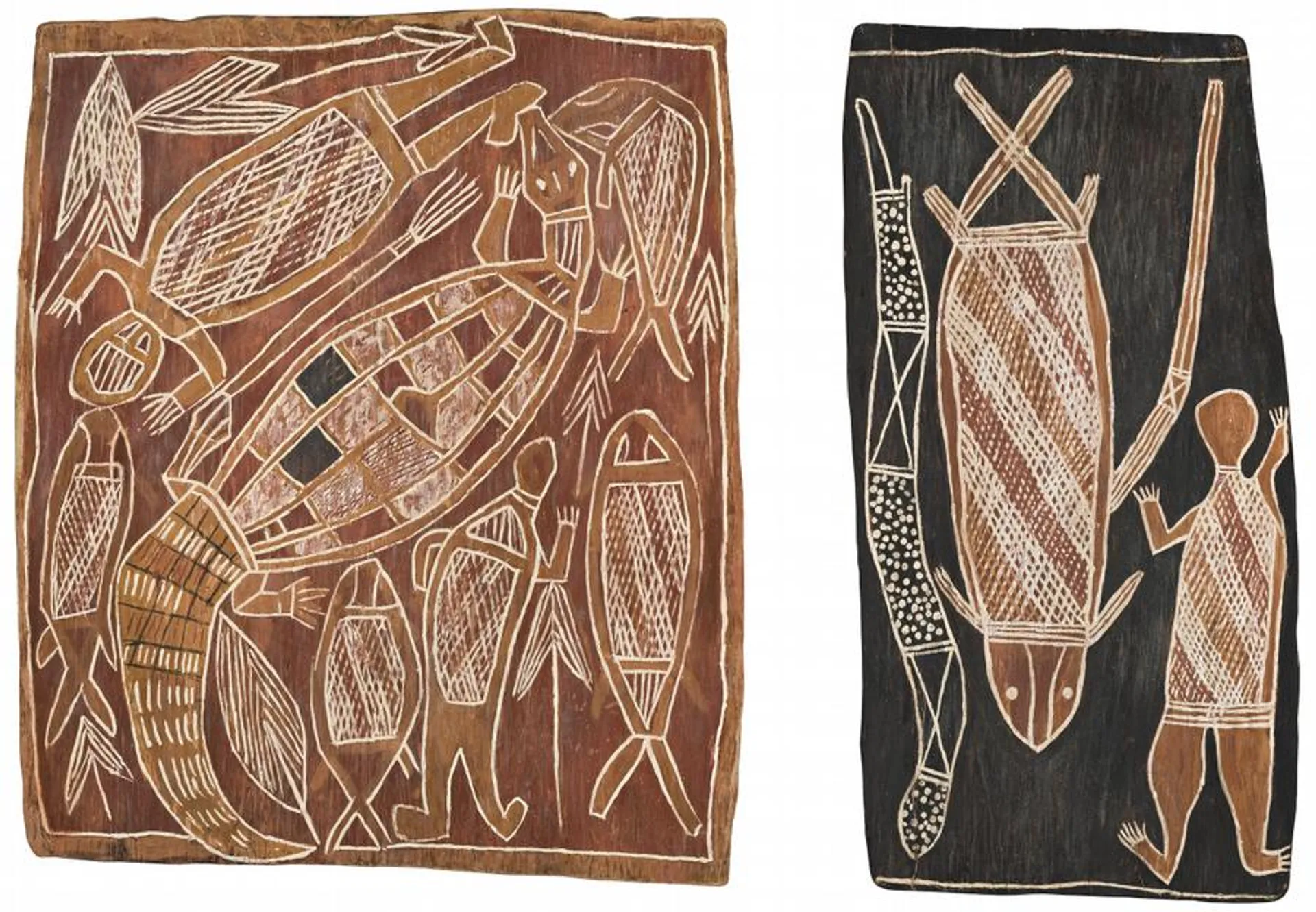 A PAIR OF MILINGIMBI BARK PAINTINGS