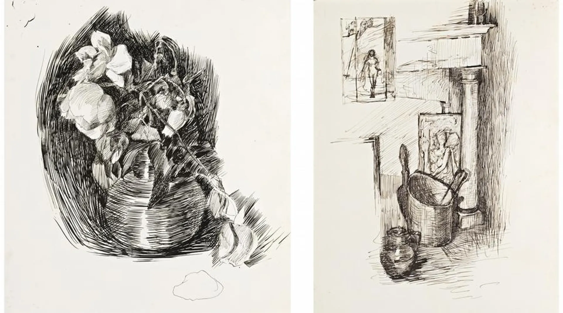 A PAIR OF EARLY INK DRAWINGS (i) BOWL OF ROSES c.1883 (ii) FIREPLACE CORNER WITH INSET OF FIGURE COMPOSITION c.1887-88