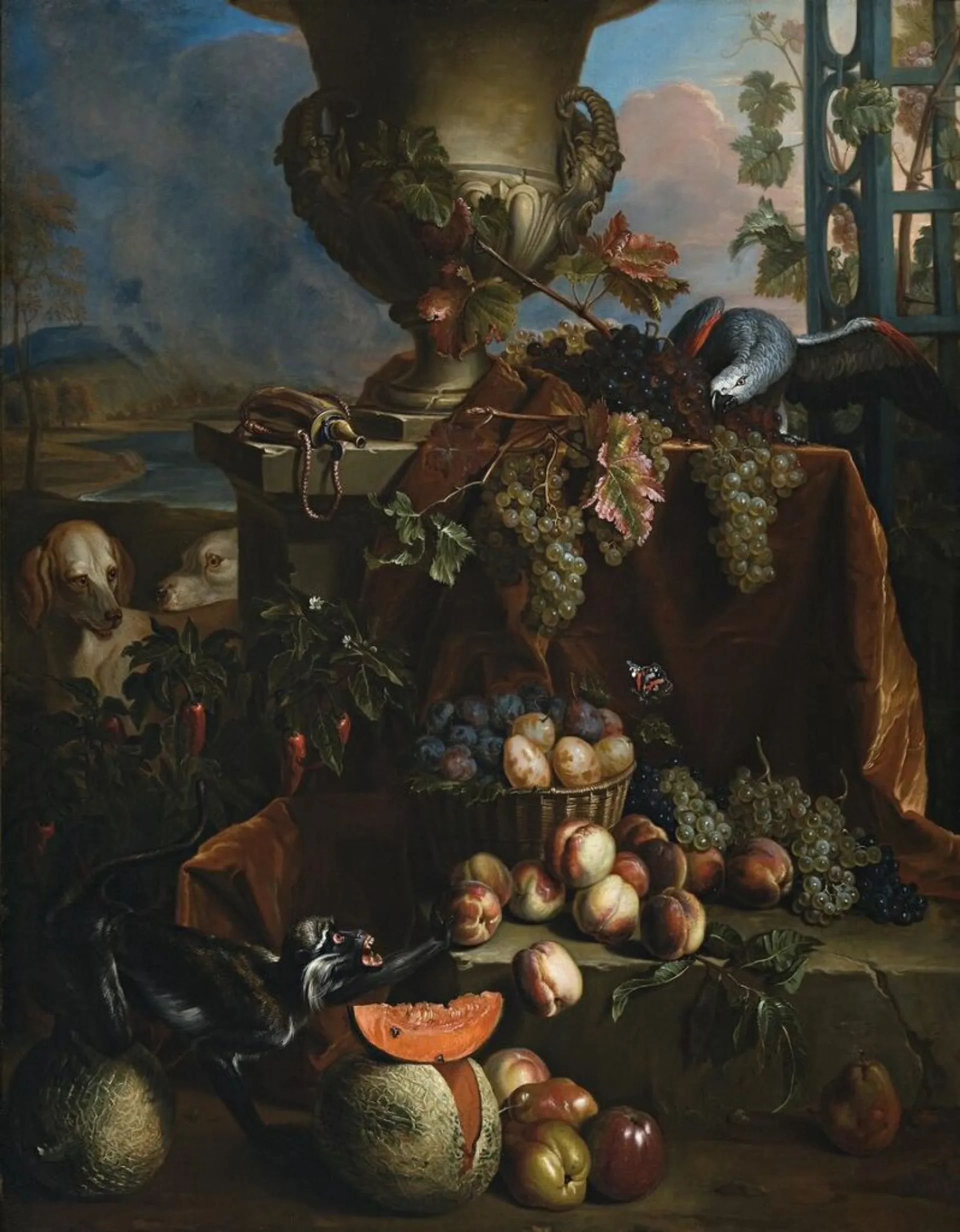 STILL LIFE OF FRUITS IN A LANDSCAPE, WITH DOGS, MONKEY AND PARROT, c.1710