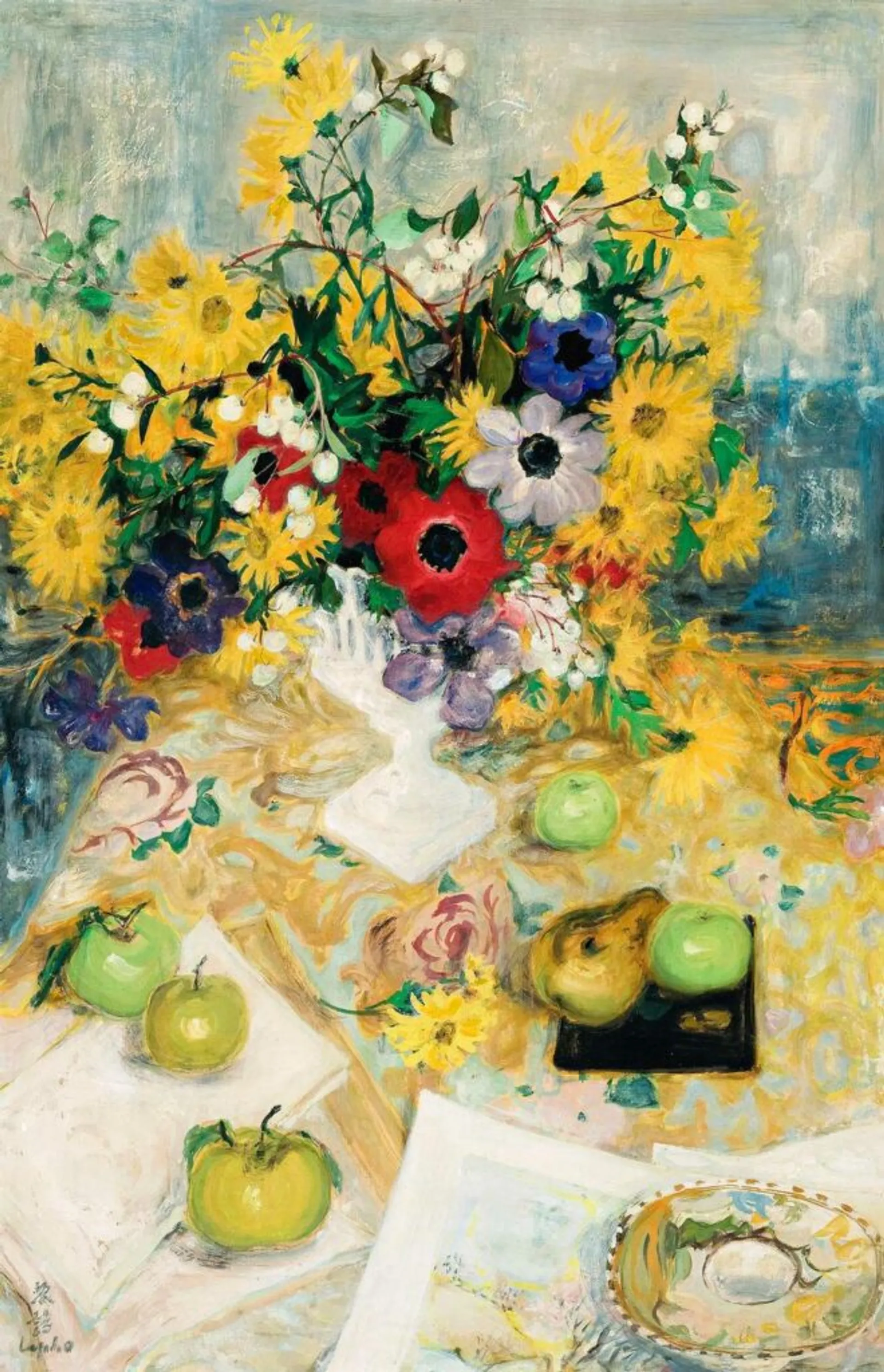 NATURE MORTE AUX FLEURS ET POMMES