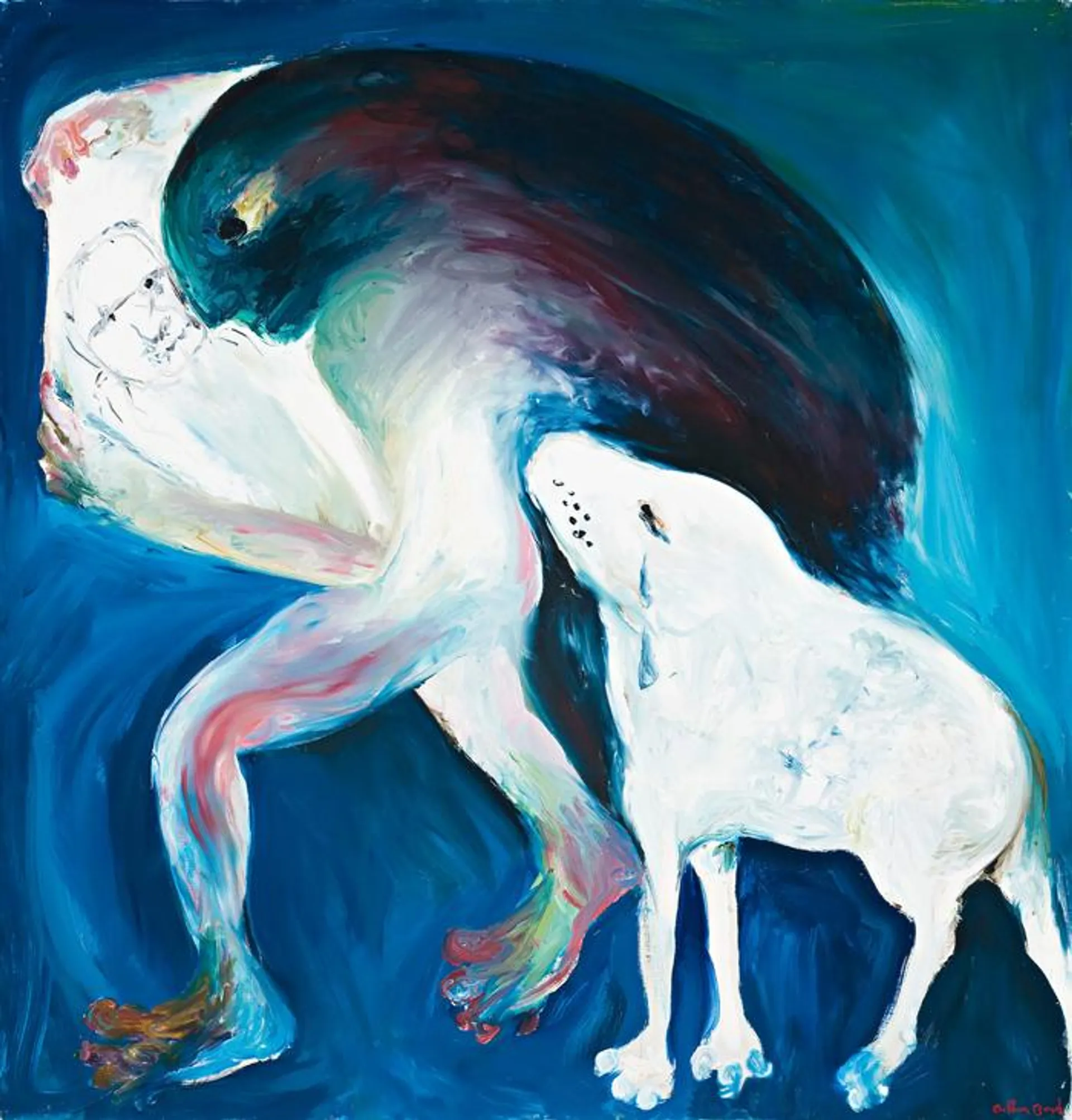 BLACK HAIRED WOMAN HOLDING HANDKERCHIEF WITH CRYING DOG