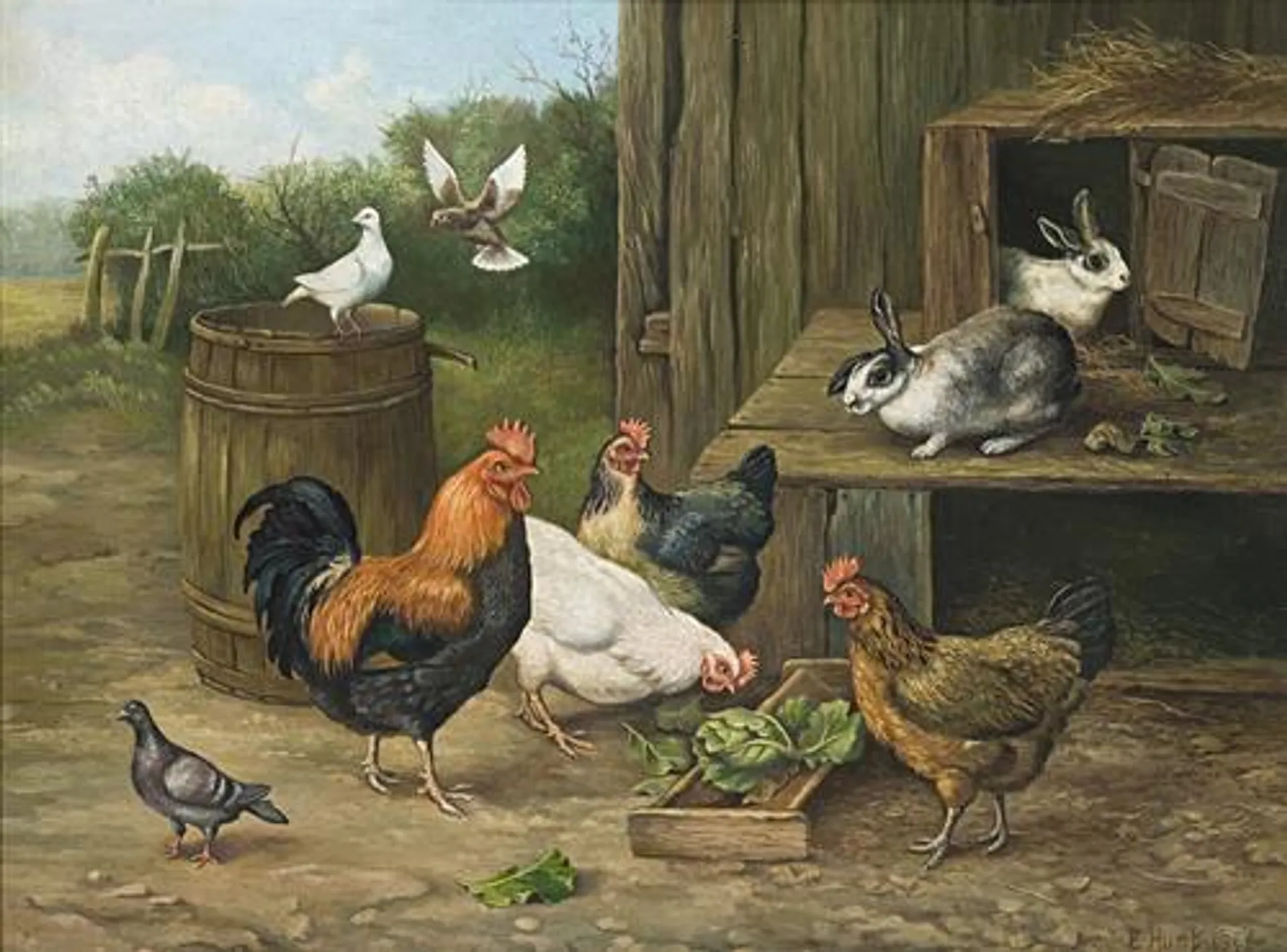 ROOSTER, HENS, RABBITS, AND PIGEONS BY A BARN