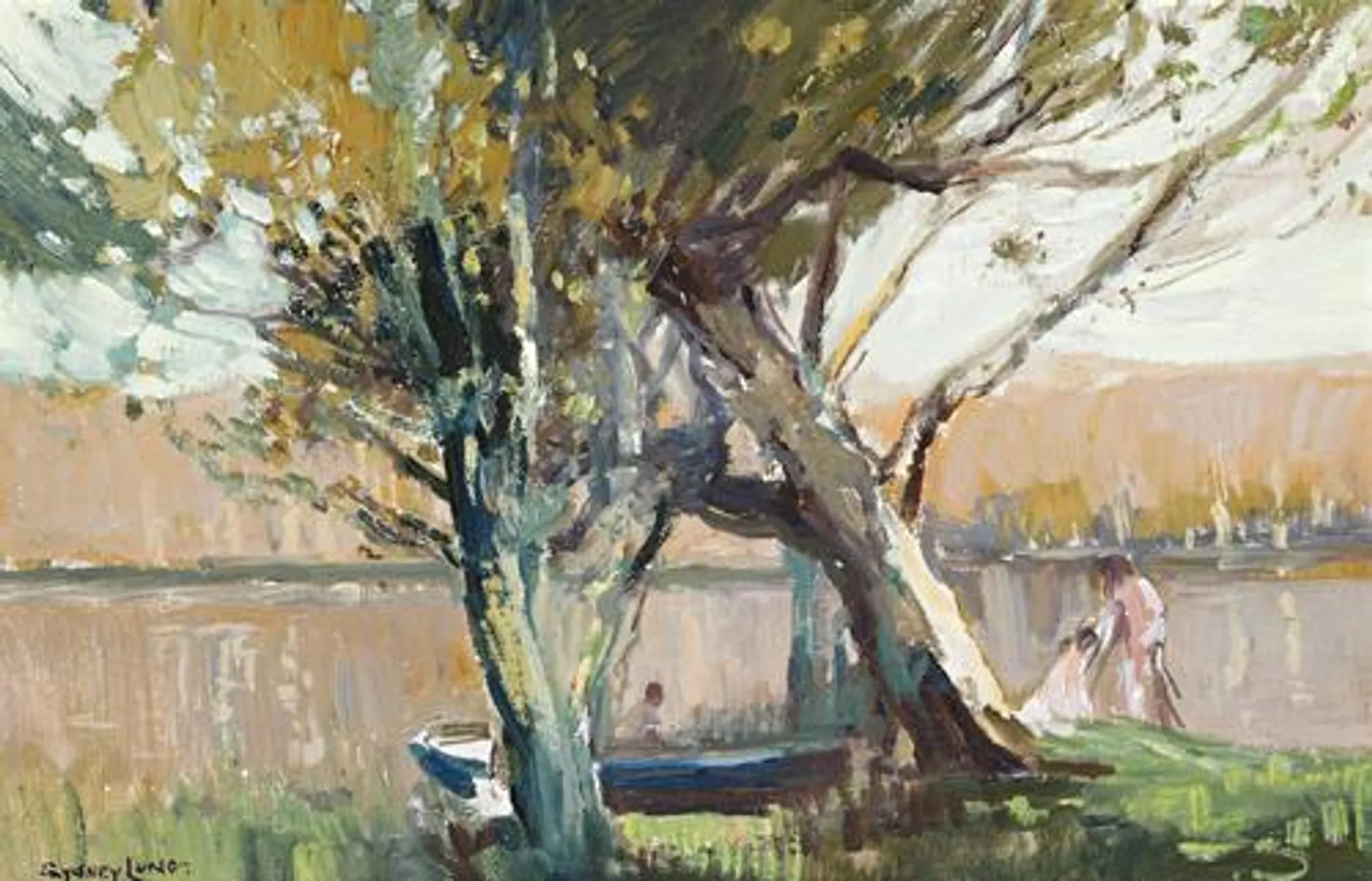 BOAT AND BATHERS AT NARRABEEN VERSO: RIVER LANDSCAPE
