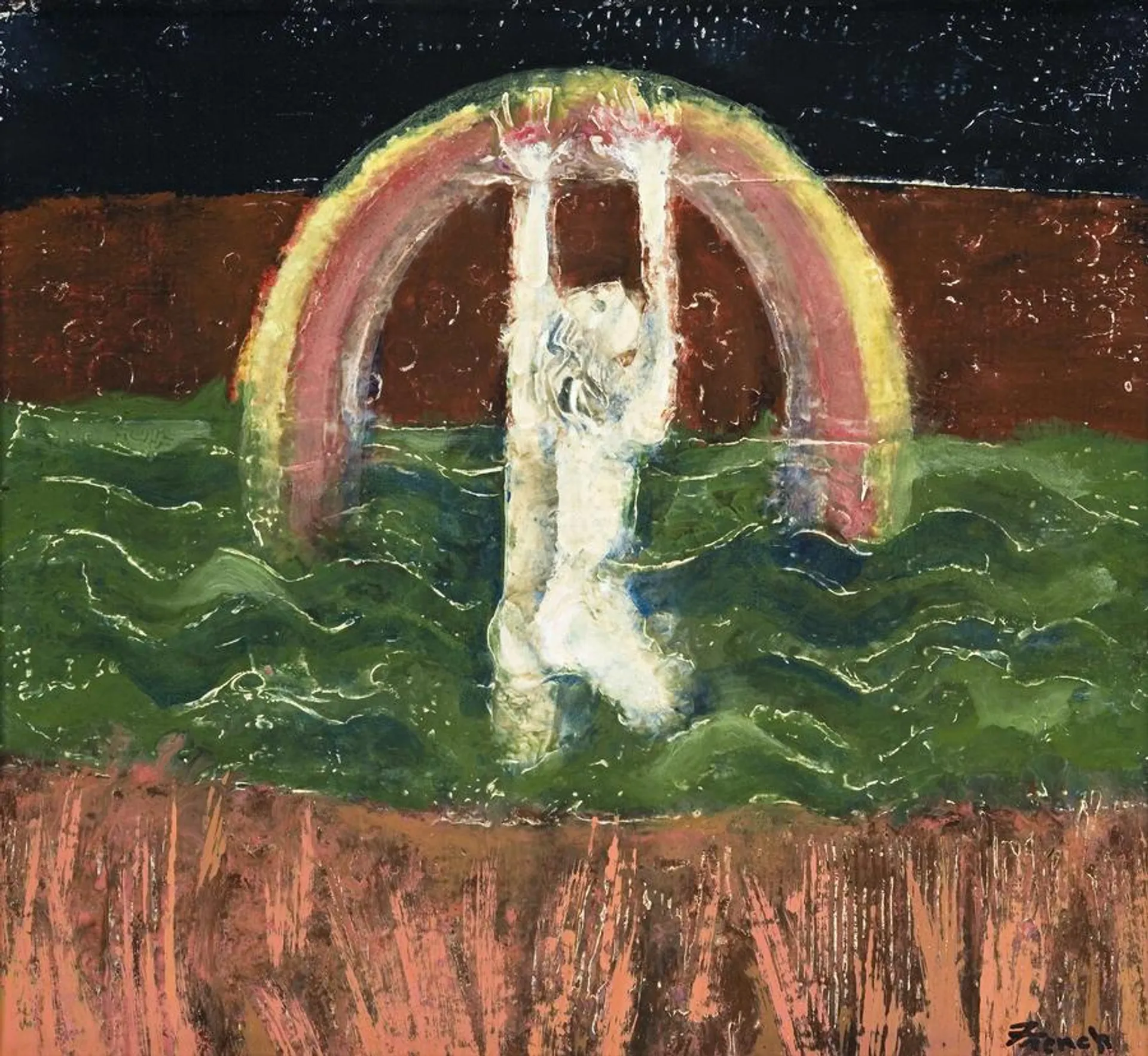 MAN CROSSING A RIVER