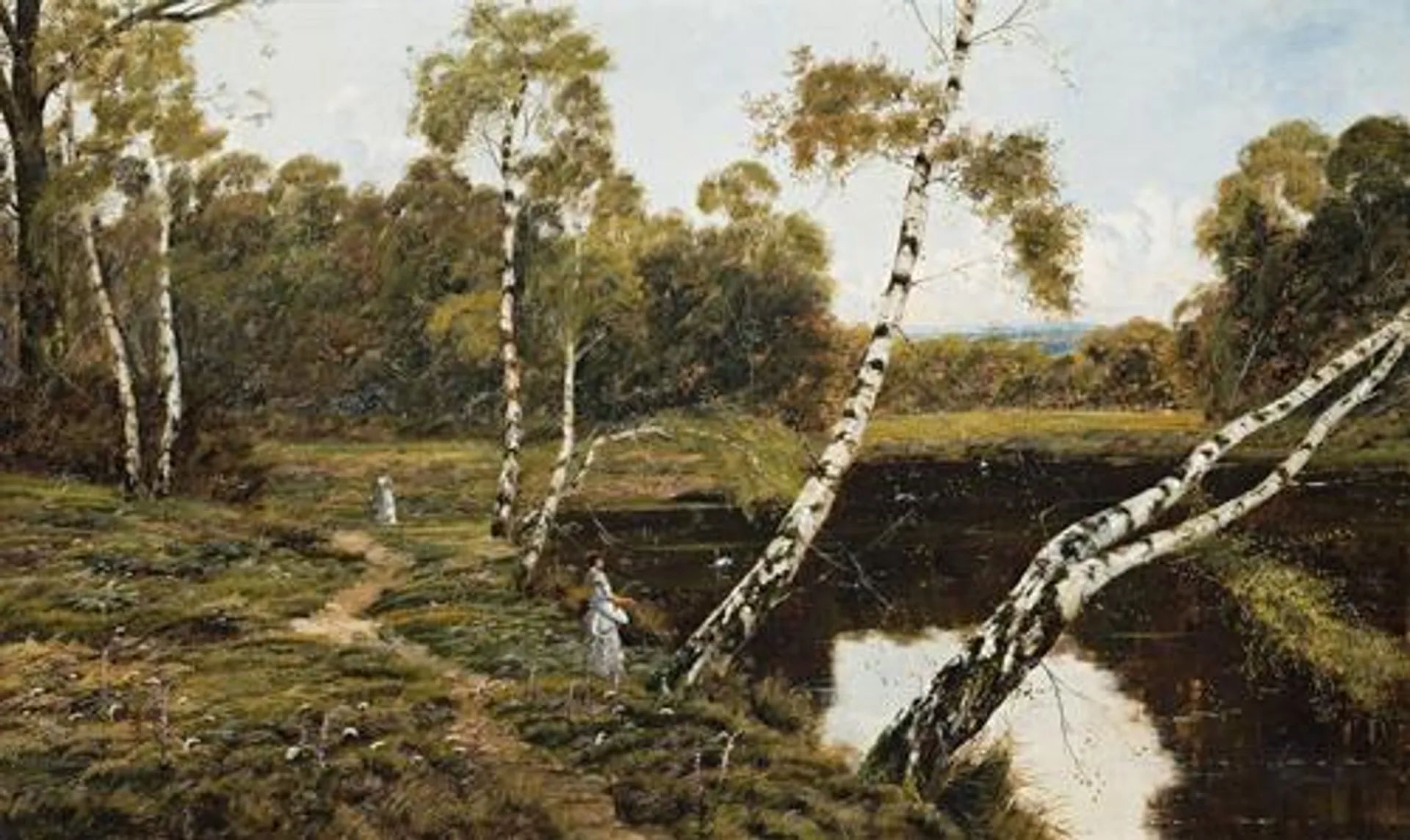 WOMEN IN LAKESIDE LANDSCAPE WITH BIRCH TREES