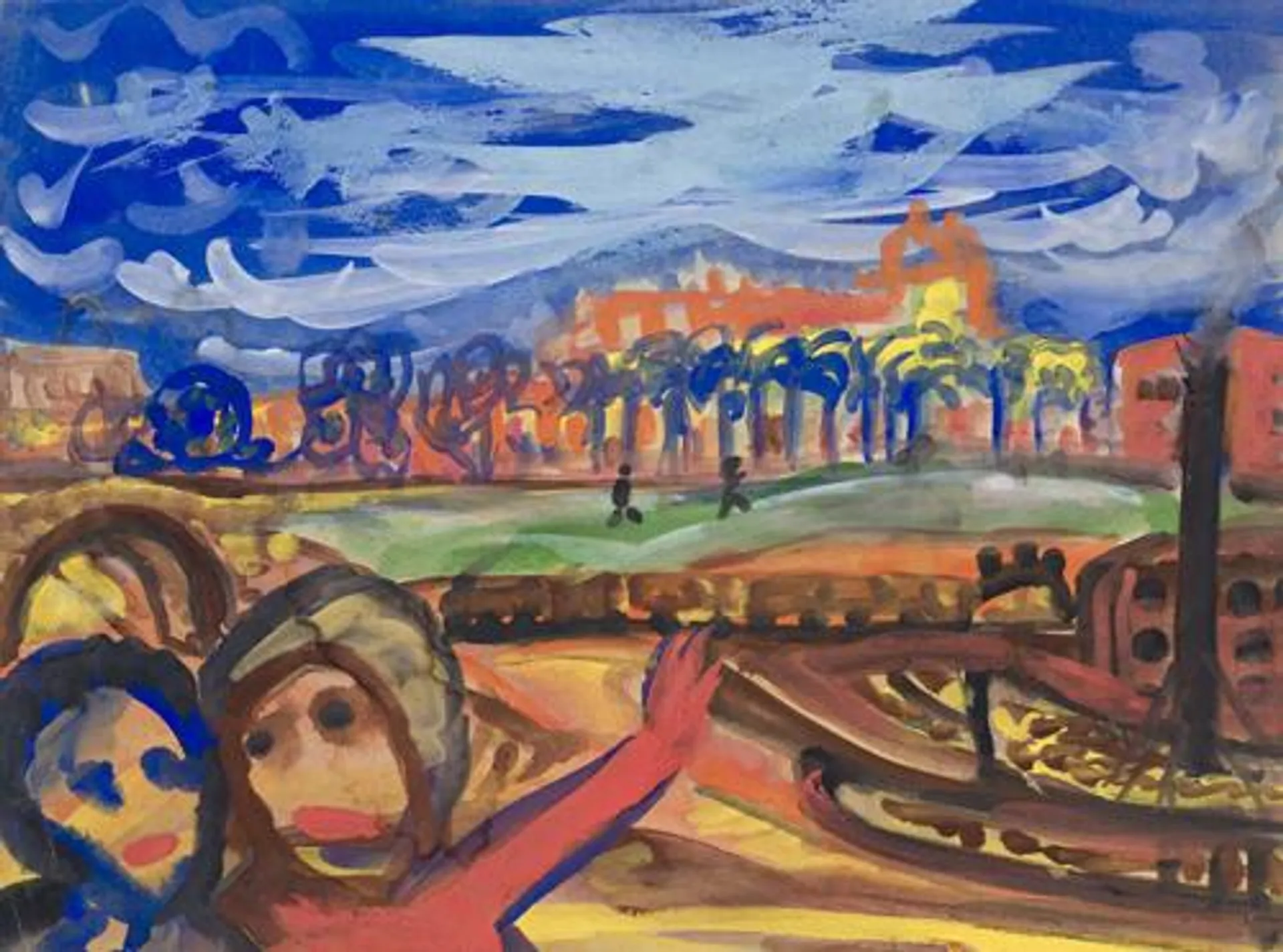 TWO FIGURES WITH DISTANT BUILDINGS