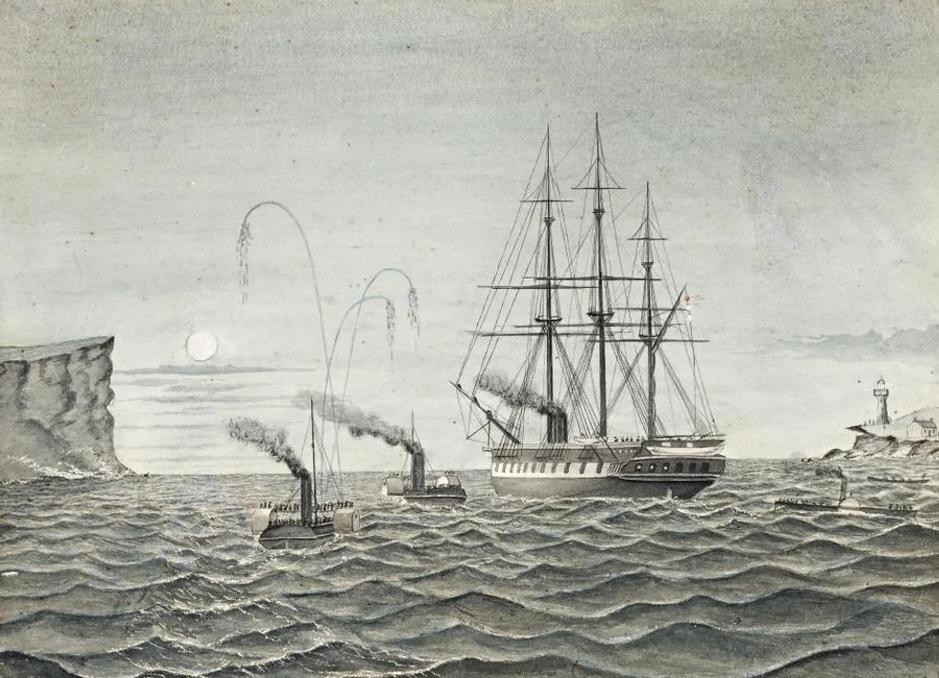 HMS GALATEA PASSING THE SYDNEY HEADS WITH THE PELICAN AND EMU IN ATTENDANCE