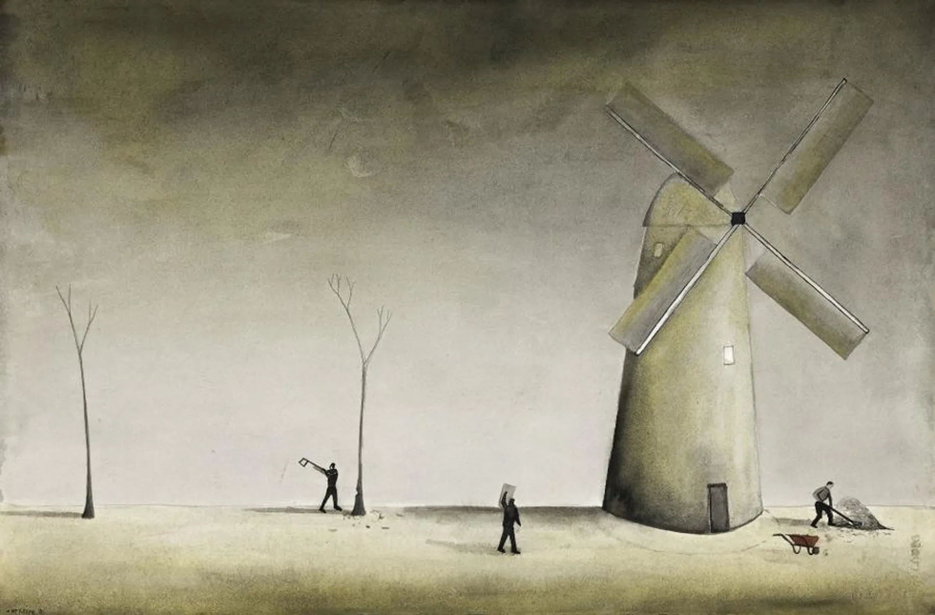 THREE BROTHERS WORKING OUTSIDE THEIR MILL HOUSE HOME
